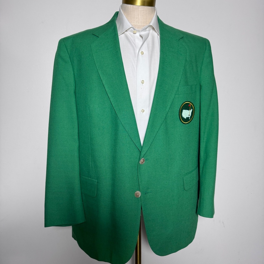 Shawn Thomas Blazer Mens 44 Green Masters Golf Patch Linen Sport Coat